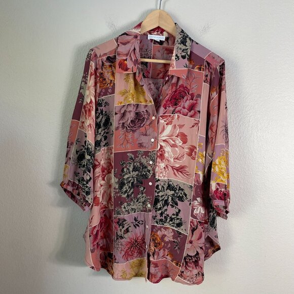 Cynthia Rowley Womens Plus 1X Floral Patchwork Button Up Shirt 3/4 Sleeve Top - Picture 7 of 11